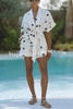 Playful Linen Blend Polka Dot Tie-up Kimono Top and Elastic Waist Pocket Shorts Set