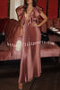 Merry and Bright Satin Deep V-neck Dramatic Ruffled Sleeve Pleated Maxi Dress