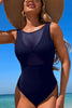 Solid Color Mesh Paneled Stretch One-piece Swimsuit