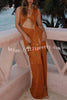 Beautiful Figure Shiny Knit Fabric Cutout Side Slit Stretch Vacation Maxi Dress