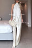 Modern Day Glam Satin Halter Tie-up Tank and Elastic Waist Wide Leg Pants Set