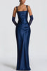 Calanthe Satin Square Neck Ruched Back Lace-up Drape Mesh Scarf Maxi Dress