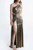 Shine Bright Metallic Fabric One Shoulder Cutout Back Lace-up Slit Maxi Dress