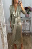 Shiny Lady Metallic Fabric Padded Long Sleeve Tie-up Ruched Midi Dress