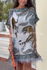Charming Jungle Unique Tiger Print Feather Trim Loose Kaftan Mini Dress