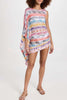 Arloe Knit Colorful Zigzag Pattern Asymmetric Flare Sleeve Ruched Tie-up Mini Dress