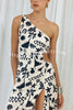 Aleo Satin Unique Print One Shoulder Elastic Cutout Waist Maxi Dress