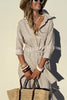 All-match Striped Button Up Half Sleeve Belted Pocket Shirt Midi Dress