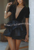 Black Swan Velvet Paneled Satin Puff Sleeve Tiered Mini Dress