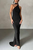 Grecian Inspired One Shoulder Side Metal Circle Design Backless Stretch Maxi Dress