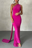 Grecian Inspired One Shoulder Side Metal Circle Design Backless Stretch Maxi Dress