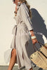 All-match Striped Button Up Half Sleeve Belted Pocket Shirt Midi Dress