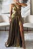 Shine Bright Metallic Fabric One Shoulder Cutout Back Lace-up Slit Maxi Dress