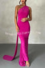 Grecian Inspired One Shoulder Side Metal Circle Design Backless Stretch Maxi Dress