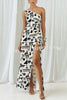 Aleo Satin Unique Print One Shoulder Elastic Cutout Waist Maxi Dress
