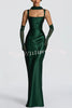 Calanthe Satin Square Neck Ruched Back Lace-up Drape Mesh Scarf Maxi Dress