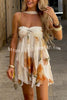 Arabella Floral Print Starfish Brooch Inverted Halter Neck Slit Ruffles Mini Dress