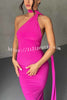 Grecian Inspired One Shoulder Side Metal Circle Design Backless Stretch Maxi Dress