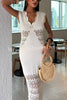 Solid Color Hollow Knitted V-neck Slim Fishtail Maxi Dress