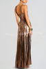 Artistic Quality Metallic Pleated Fabric Removable Straps Slit Maxi Dress