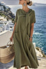 Solid Color Casual Short-sleeved Tie Round Neck Loose Pocket Mid-length Dress