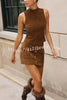 Autumn Atmosphere Faux Suede High Neck Zipper Tank and Button-Front Pocket Mini Skirt