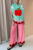 Apple Print Oversized Blouse and Elastic Waist Pocketed Pants Set