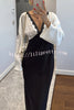 Lainei Contrast Color Satin Lace Trim V-neck Long Sleeve Maxi Dress