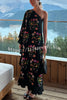 Vintage and Modern Floral and Shell Print One Shoulder Ruffle Trim Loose Midi Dress