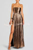 Artistic Quality Metallic Pleated Fabric Removable Straps Slit Maxi Dress