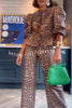 Kiana Leopard Print Peplum Tie Puff Sleeve Shirt and Elastic Waist Pocketed Loose Pants Set