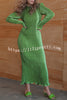 Hansin Satin Pleated Fabric Long Sleeve Wavy Trim H-line Slit Midi Dress
