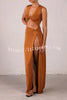 Beautiful Figure Shiny Knit Fabric Cutout Side Slit Stretch Vacation Maxi Dress