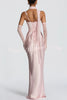 Calanthe Satin Square Neck Ruched Back Lace-up Drape Mesh Scarf Maxi Dress