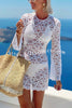 Santorini Sunset Floral Lace Long Sleeve Backless Tie-up Vacation Mini Dress