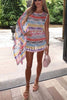Arloe Knit Colorful Zigzag Pattern Asymmetric Flare Sleeve Ruched Tie-up Mini Dress