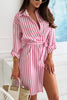 Stripe Print Lapel Long Sleeves Pocket Waist Tie Loose Mini Dress