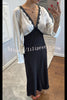Lainei Contrast Color Satin Lace Trim V-neck Long Sleeve Maxi Dress
