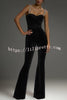 Eliza Luxurious Velvet Fabric Jewel-embellished Shoulder Straps Belted Flare Jumpsuit