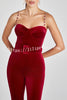Eliza Luxurious Velvet Fabric Jewel-embellished Shoulder Straps Belted Flare Jumpsuit