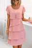 Solid Color Round Neck Short Sleeve Casual Multi-Layered Mini Dress