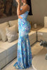 Vivica Floral Smocked Cutout Halter Fishtail Stretch Maxi Dress