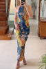 My Darling Floral Print Plisse Halter Neck Backless Stretch Maxi Dress