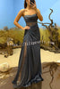 Essie Satin Rhinestone Patchwork Twist Waist Strapless Slit Maxi Dress