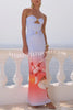 Fresh and Chic Sea Print Off Shoulder Metal Shell Cutout Stretch Maxi Dress