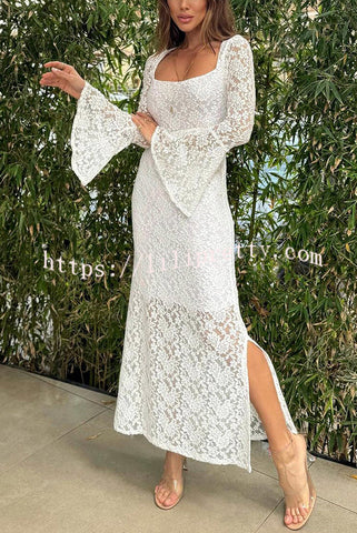 Luxe Lifestyle Lace Square Neck Bell Sleeve Lined Slit Midi Dress