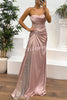 Essie Satin Rhinestone Patchwork Twist Waist Strapless Slit Maxi Dress