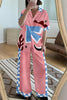 Abstract Bird Plaid Print Oversized Blouse and Elastic Waist Pocketed Pants Set