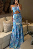 Vivica Floral Smocked Cutout Halter Fishtail Stretch Maxi Dress