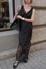 Luxury Winter Satin Lace Trim V-neck Sleeveless H-line Maxi Dress
